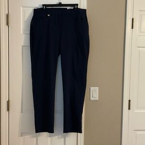 Navy Blue curvy fit straight leg slacks.